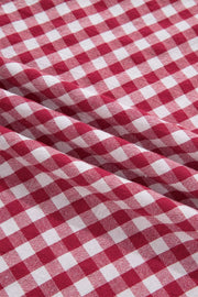 Vibrant red and white gingham cotton blend shirt with puff sleeves and a chic casual style.