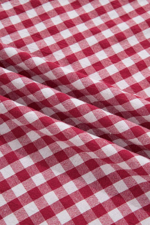 Vibrant red and white gingham cotton blend shirt with puff sleeves and a chic casual style.