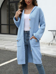 Light blue longline button-down knit cardigan with hood and pockets