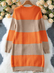 Color block knit cardigan with orange and beige horizontal stripes.