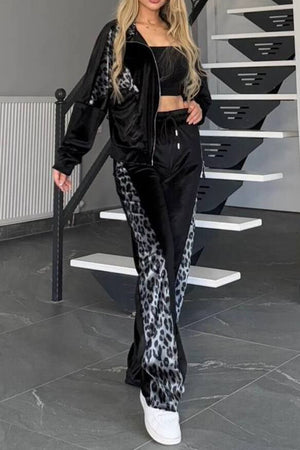 Black velvet tracksuit pants with leopard print side panels