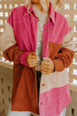 Colorblock corduroy shacket with oversized patchwork in hot pink, burgundy, and tan.