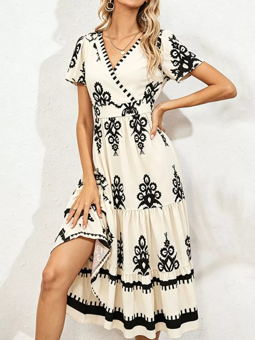 Printed Surplice Short Sleeve Dress in Blue, front view