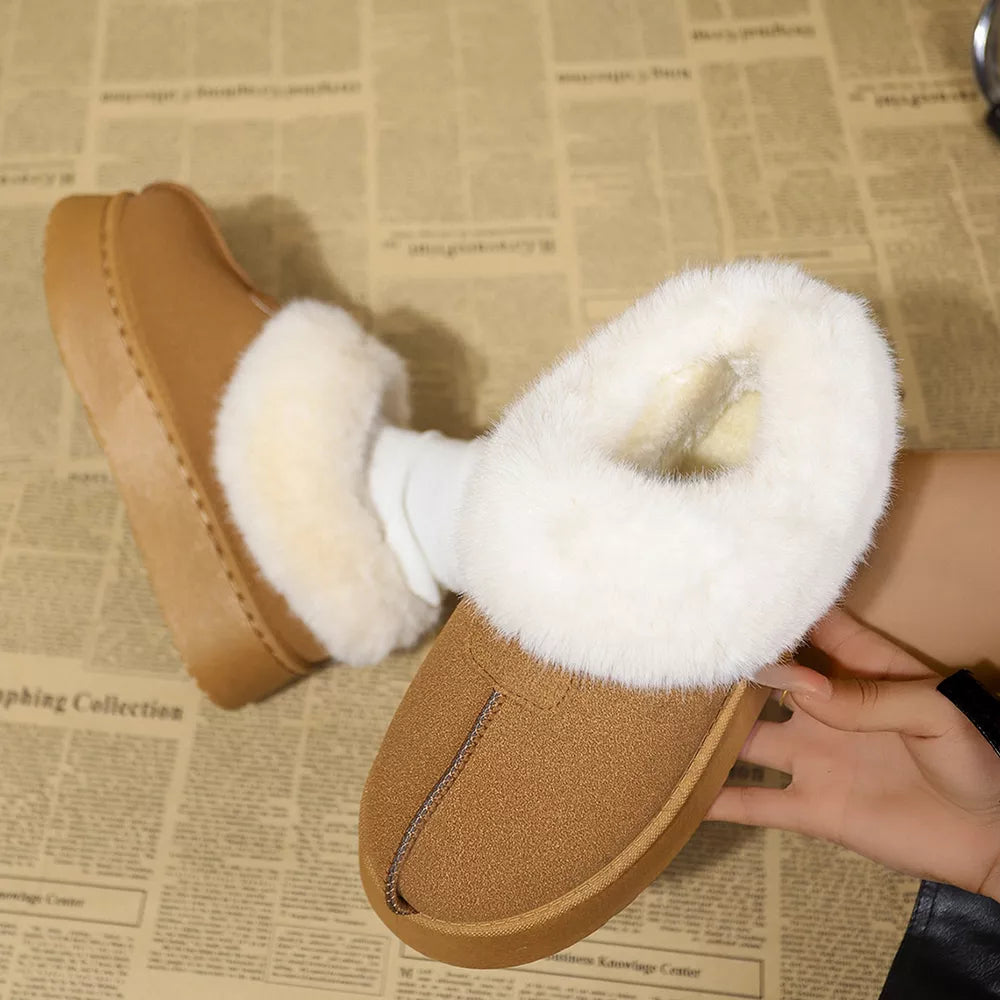 Brown plush suede platform slippers with white faux fur lining and trim.