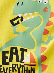 Yellow cotton toddler tee with a green dinosaur graphic and "EAT EVERYTHING" text.