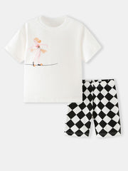 Baby graphic tee with ballerina and checkerboard shorts set, cotton.