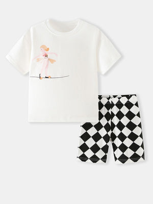 Baby graphic tee with ballerina and checkerboard shorts set, cotton.