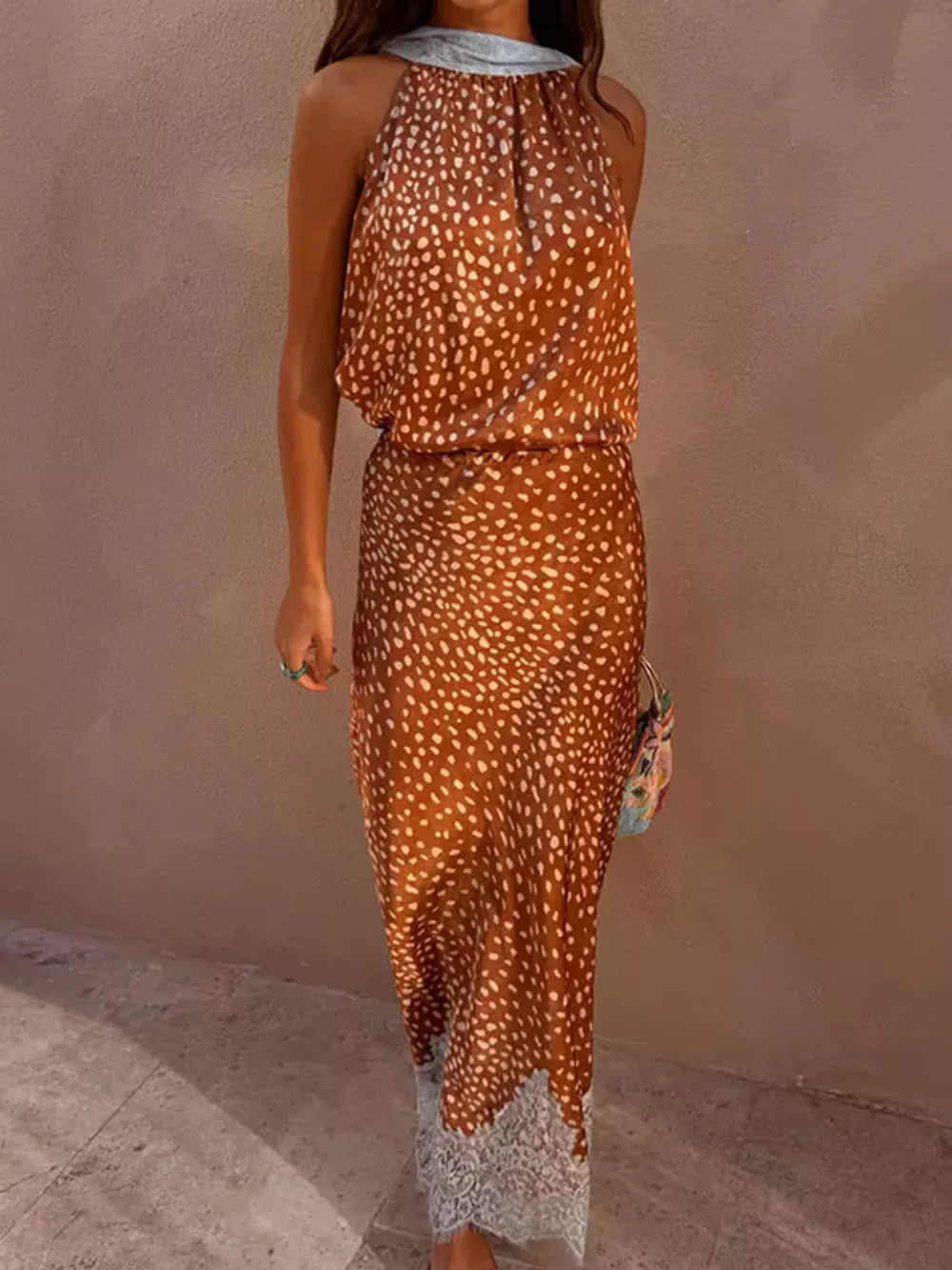 Brown polka dot halter top and lace trim skirt set.