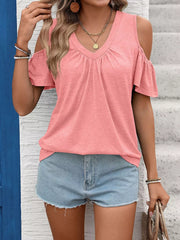 Pink ruched cold shoulder t-shirt with V-neck and flutter sleeves.