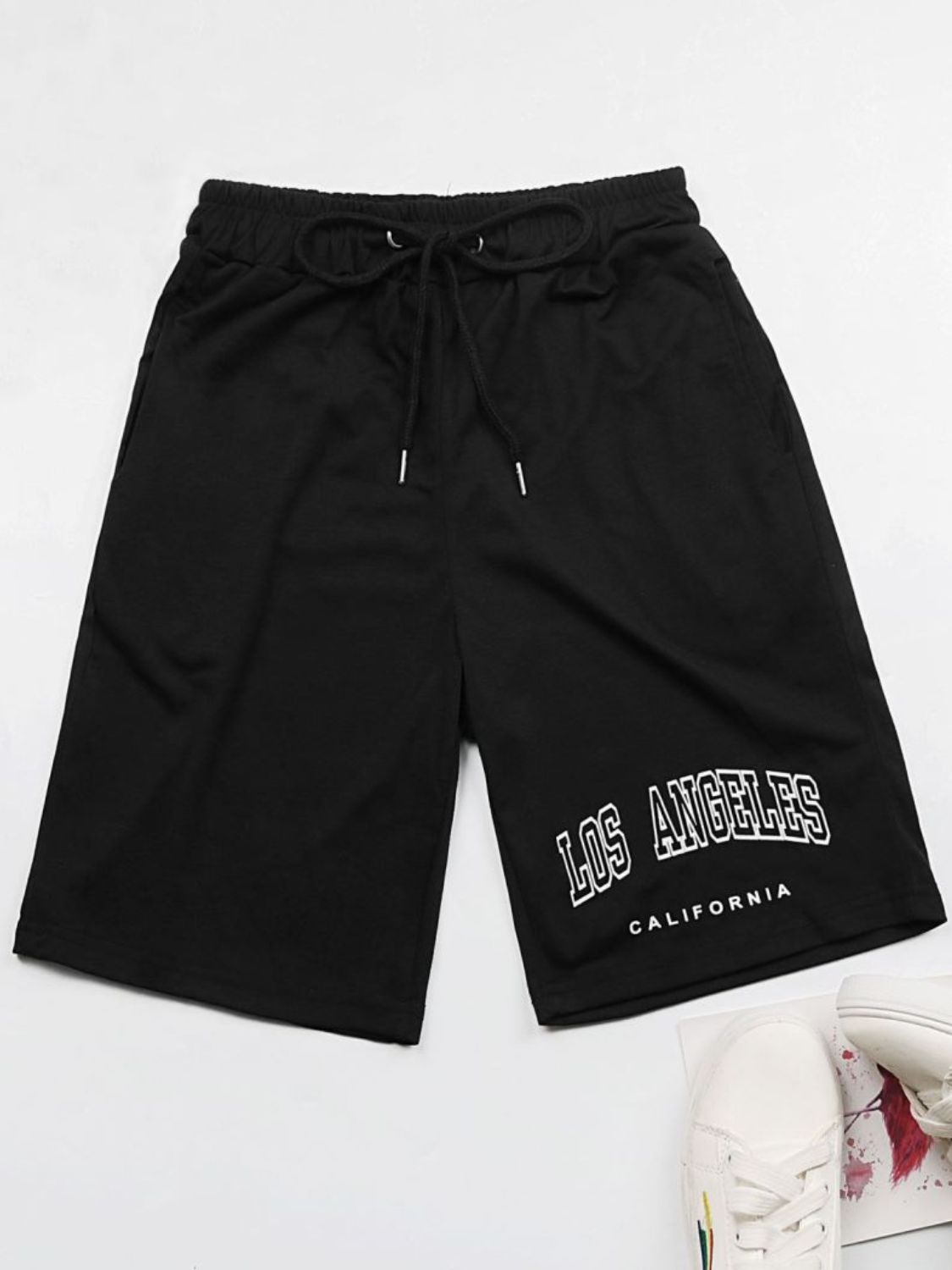 Black jogger shorts with Los Angeles graphic and drawstring waist