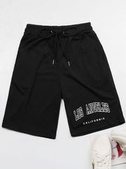 Black jogger shorts with Los Angeles graphic and drawstring waist