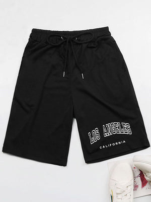 Black jogger shorts with Los Angeles graphic and drawstring waist