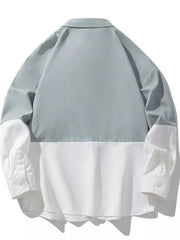 Two-tone oversized casual shirt in French Blue and White, color-block button-down with long sleeves.
