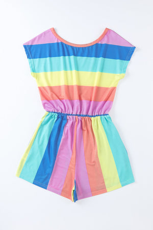 Rainbow stripe romper with short sleeves, elastic waist, and scoop neck.