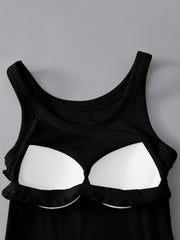 Black ribbed knit tank top with built-in bra cups and scoop neckline.