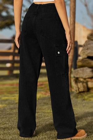 Black denim cargo pants with drawstring waist and button flap pockets.