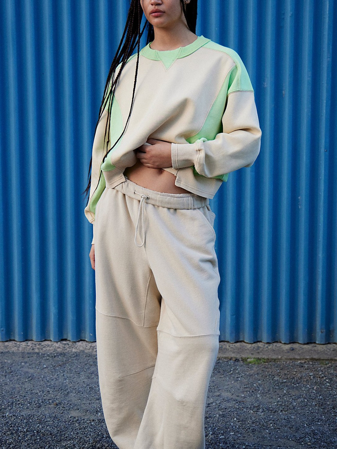 Chic Contrast Sleeve Sweater 3 in cream with gum leaf green contrast panels and crew neck.