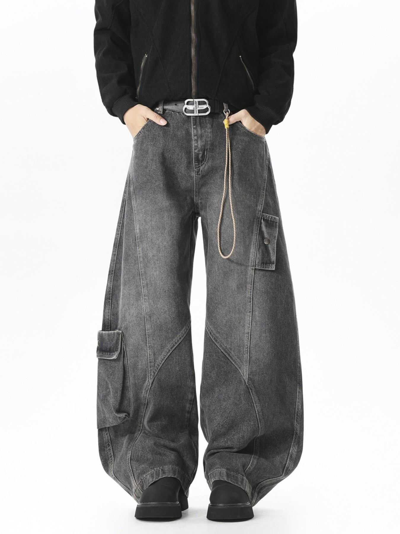 Men's grey wide leg cargo jeans in 100% cotton with multiple pockets and a relaxed fit.