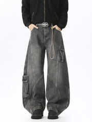 Men's grey wide leg cargo jeans in 100% cotton with multiple pockets and a relaxed fit.