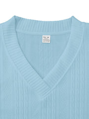 Sky blue cable-knit v-neck sweater with textured pattern and ribbed trim.