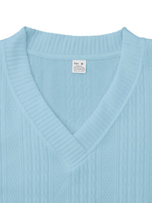Sky blue cable-knit v-neck sweater with textured pattern and ribbed trim.