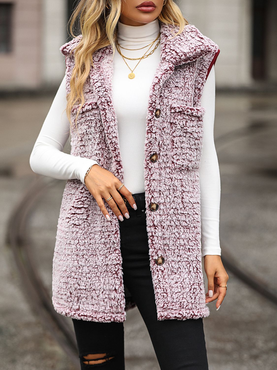 Teddy sherpa utility vest in Dusty Pink with button front and chest pockets