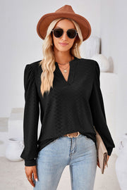 Black textured blouse with bishop sleeves and V-neck