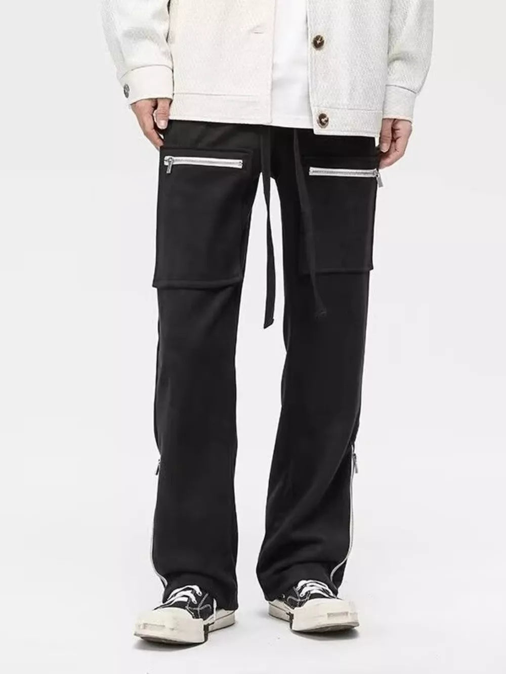 Black sweatpants with zipper pockets and drawstring waist.