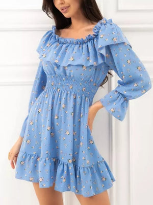 Off-shoulder Floral Ruffle Dress in Blue, fit detail