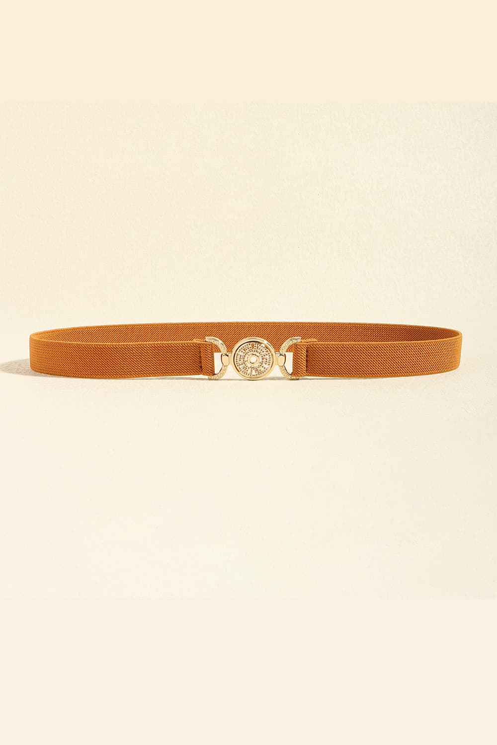 Caramel elastic belt with medallion buckle and alloy details