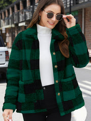 Plaid sherpa overshirt jacket in dark green with black buffalo check pattern, button front, and chest pockets.