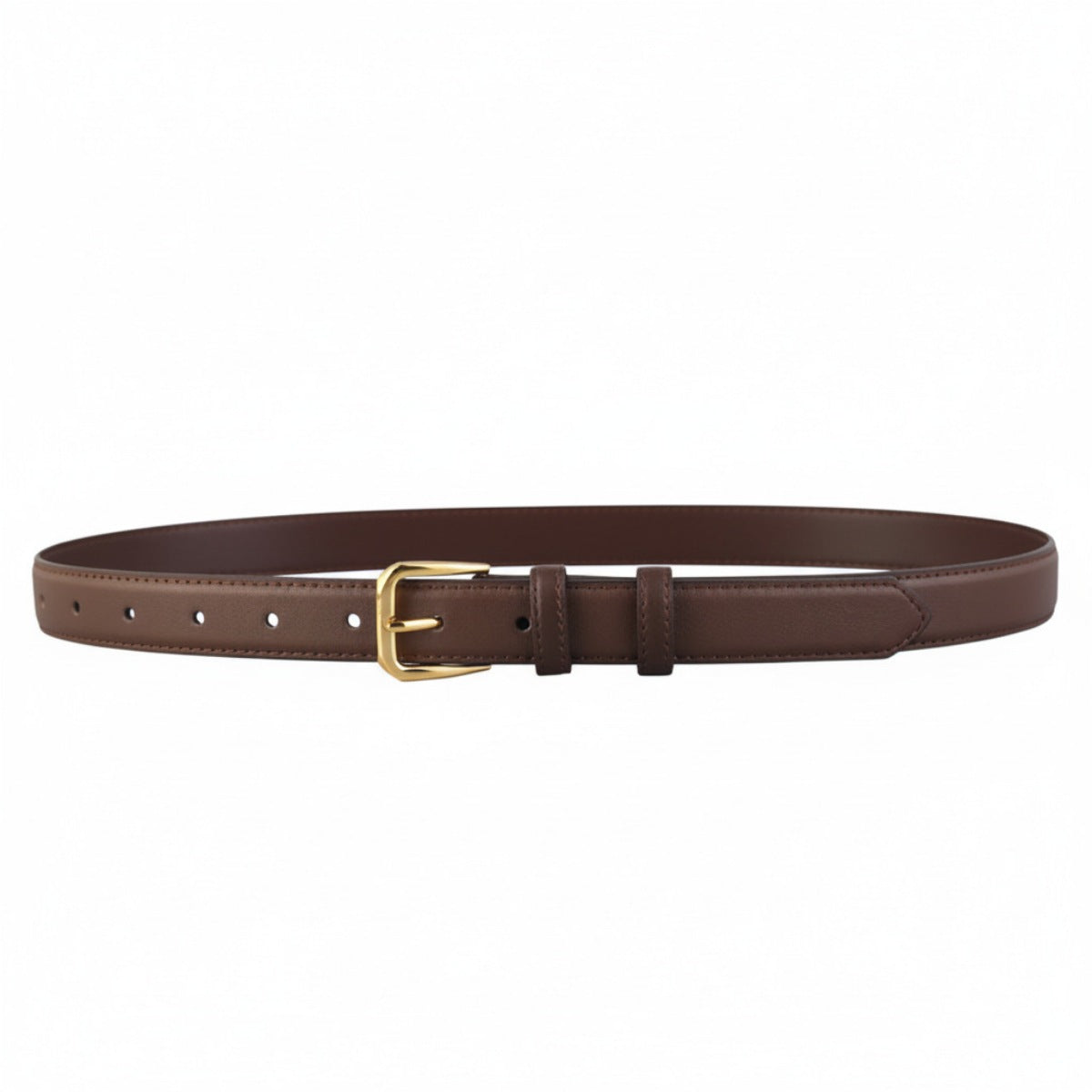 Brown cowhide leather belt with gold buckle and adjustable holes