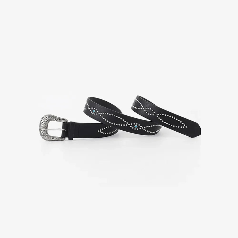 Black faux leather belt with silver studs and turquoise accents, antique buckle detail