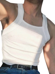 White ribbed tank top with square neckline and wide straps.