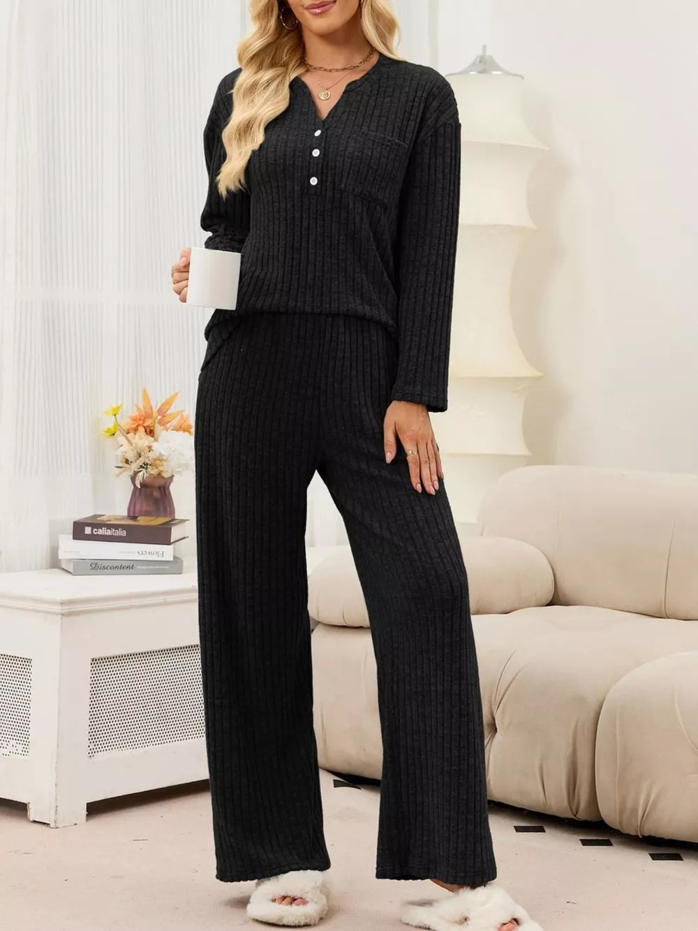 Black relaxed pajama set with henley