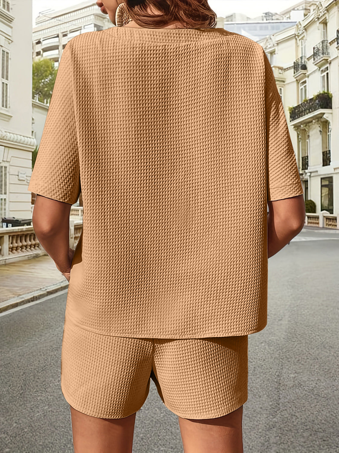 Caramel waffle knit drawstring co-ord set with short sleeves and shorts.