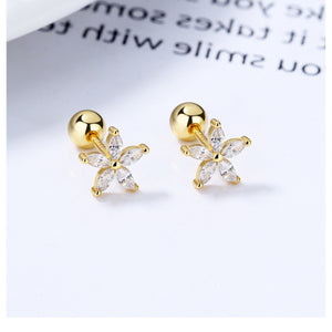 Gold flower stud earrings with clear marquise-cut stones, 925 sterling silver.
