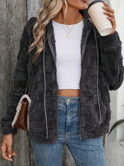 Dark gray textured grid fleece hoodie jacket with adjustable hood and zipper closure.