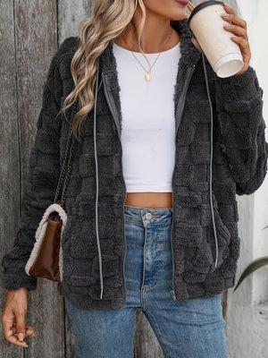 Dark gray textured grid fleece hoodie jacket with adjustable hood and zipper closure.