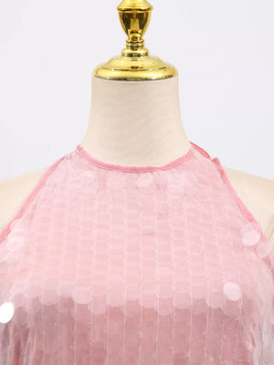 Pink halter mini dress with iridescent sequins and a mesh overlay.