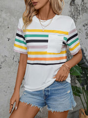 White t-shirt with rainbow stripes and a chest pocket
