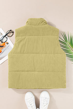 Corduroy padded collar vest in sage with horizontal quilting detail.