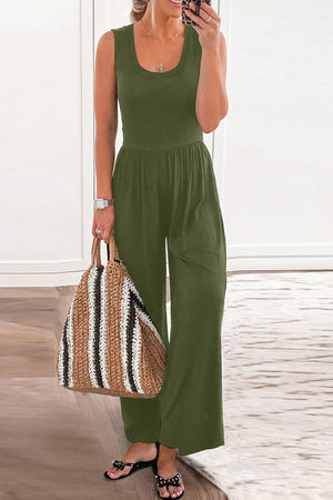 Moss green gathered waist wide leg jumpsuit with scoop neck and sleeveless design.