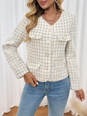 Pearl trim tweed jacket in apricot with button up front and pocket details.