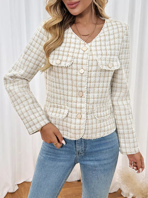 Pearl trim tweed jacket in apricot with button up front and pocket details.