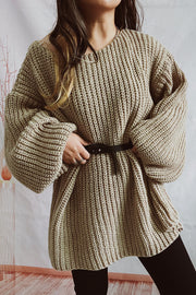 Mocha oversized ribbed knit belted mini dress with balloon sleeves.