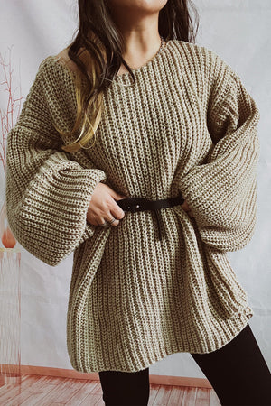 Mocha oversized ribbed knit belted mini dress with balloon sleeves.