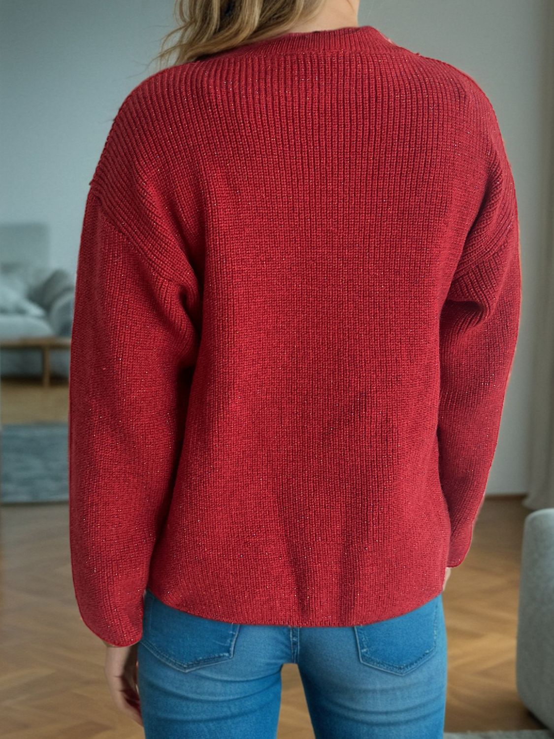 Textured ribbed knit oversized sweater in Scarlet with subtle sparkle detail.