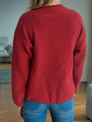 Textured ribbed knit oversized sweater in Scarlet with subtle sparkle detail.