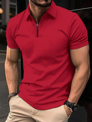 Red zip-neck polo shirt with short sleeves and a modern fit.